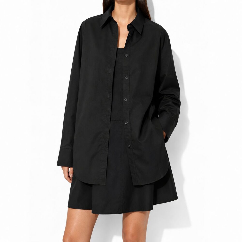 COS Womens 6 Black Cotton Layered Trapeze Shirt Dress Relaxed Fit Mini Office